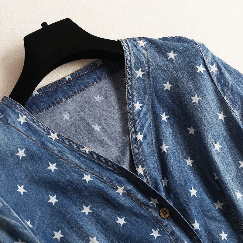 Women casual dress denim jeans star patterns V-neck short sleeve sashes a-line dresses new 2019 summer blue