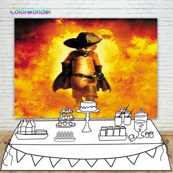 

Puss in Boots Photography Background Swordsman Cat Flame Fire Kids Birthday Party Background Seamless Backdrop for Baby Shower