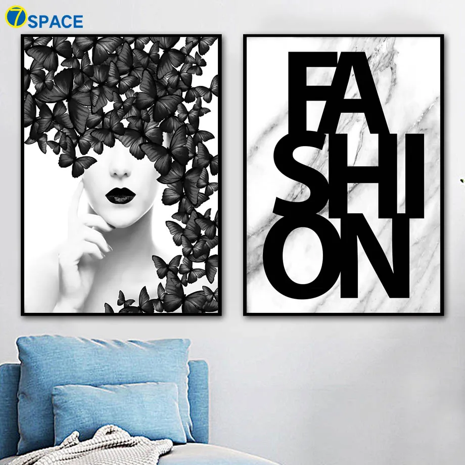 

Marble Fashion Girl Butterfly Posters And Prints Wall Art Canvas Painting Black White Salon Wall Pictures For Living Room Decor