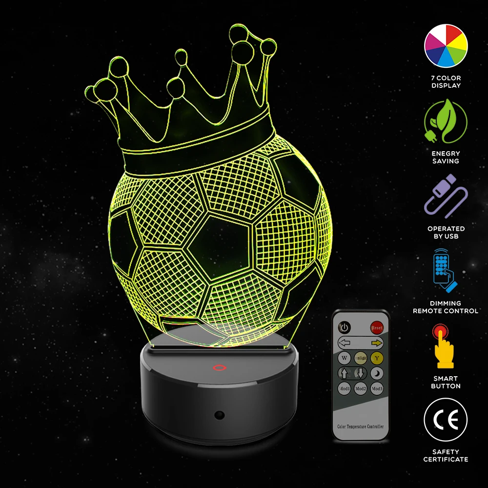 

Crown Football 3D Illusion Lamp 7 Color Change Touch Switch LED Night Light Acrylic Desk Lamp Atmosphere Lamp Novelty Lighting