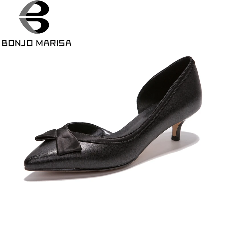 

BONJOMARISA Genuine Leather 2018 Kid Suede Slip On Mid Heels Women Pumps Woman Pointed Toe Shoes Woman Size 34-39