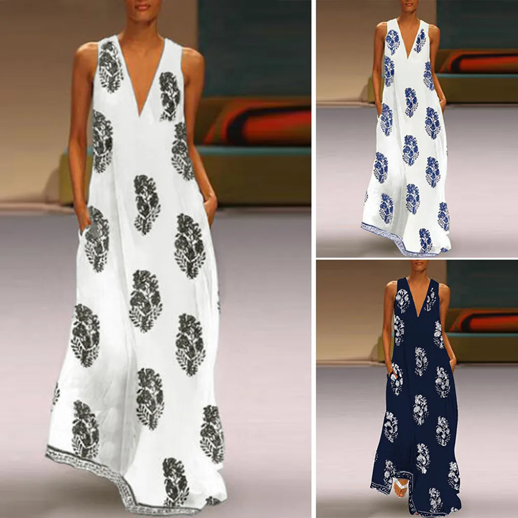 Женское пляжное платье с цветочным принтом Boho vestidos largos винтажное сарафан длинным