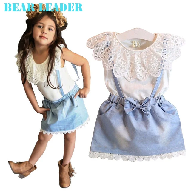 Bear Leader 2016 Новые девушки симпатичные платья, белый принцесса ремень denim платье без рукавов хлопок летнее платье прекрасный новорожденных девочек одежда