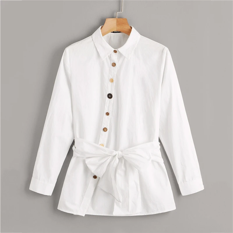 SHEIN Button Front Belted Blouse White Solid Long Sleeve Blouse Casual Women Clothes Spring Autumn Blouses