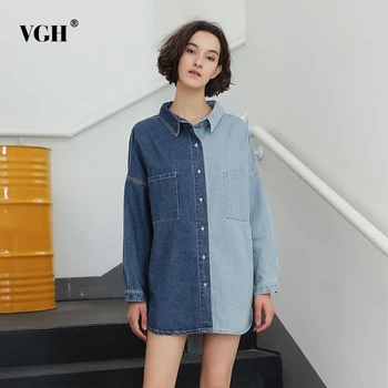 

VGH 2019 Denim Women's Shirts Blouses Tops Long Sleeve Loose Big Size Autumn Asymmetry Women Shirt Blusa Clothes Fashion