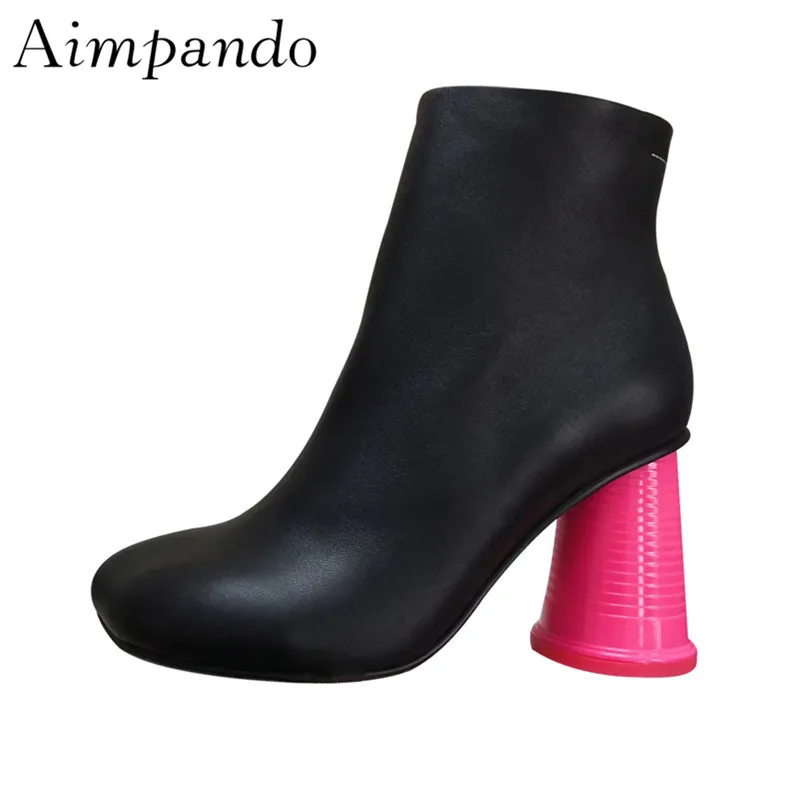 

Unique Cup Heel Ankle Boots Women New Autumn Winter Individual Square Toe Zipper Leather Martin Boots