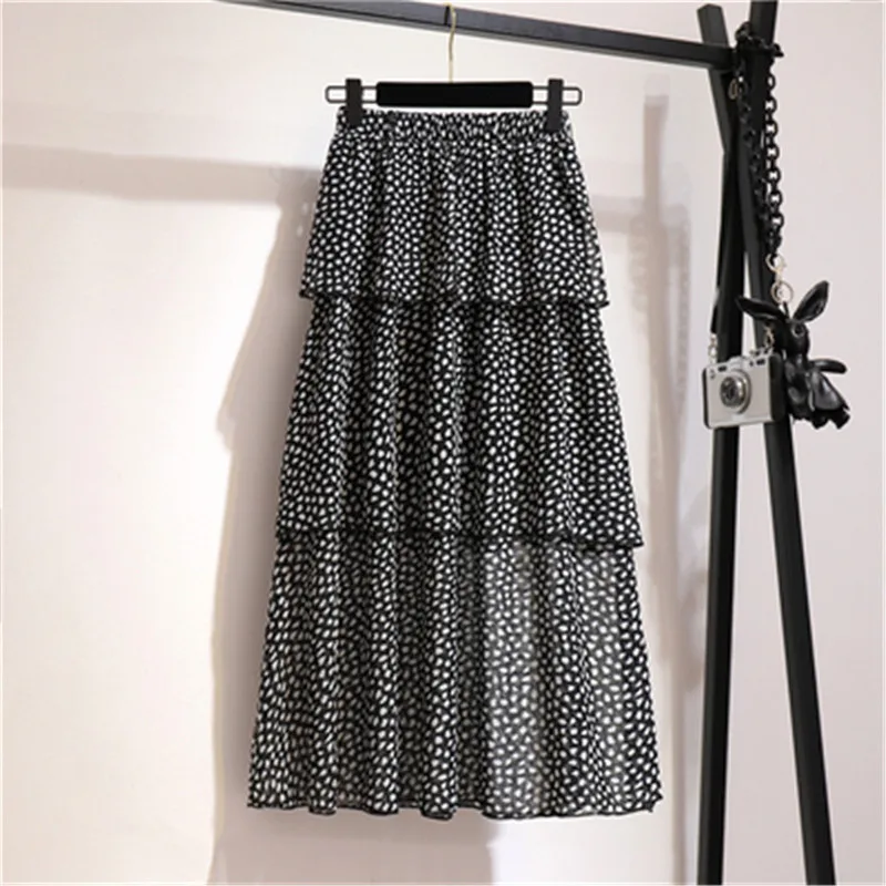 XMY102Black stone Boho Стиль в горошек летние юбки Повседневные длинный макси шифоновый юбки летние с высокой талией богемные плиссированные юбки - Цвет: XMY102Black stone