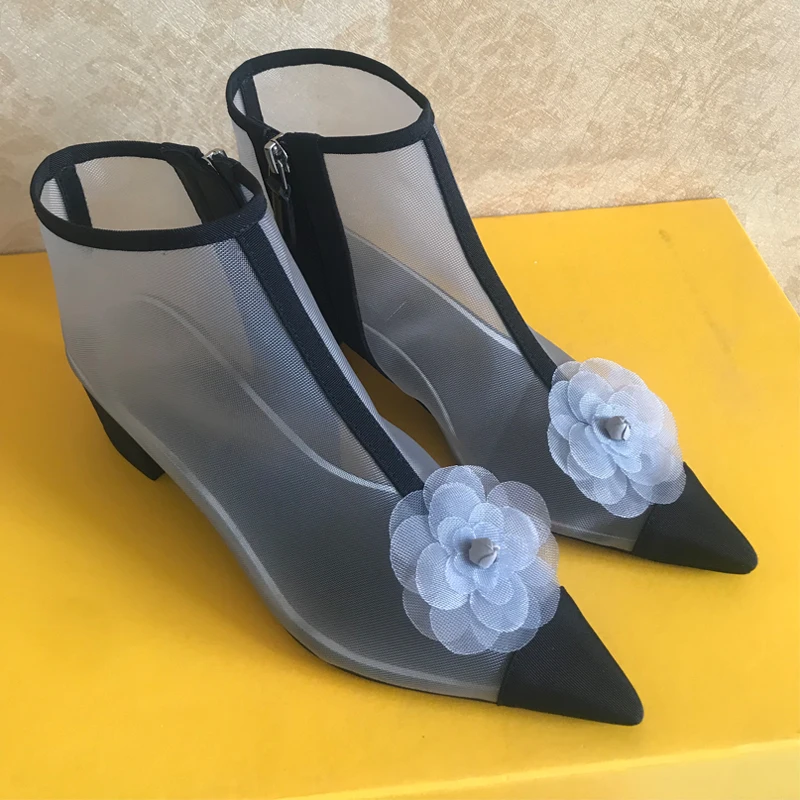 

2019 Womens Elegant Summer Mesh Grosgrain Low Heel Shoes Breathable Pointed Toe Short Mid Block Heel Boots Slip On Sandal