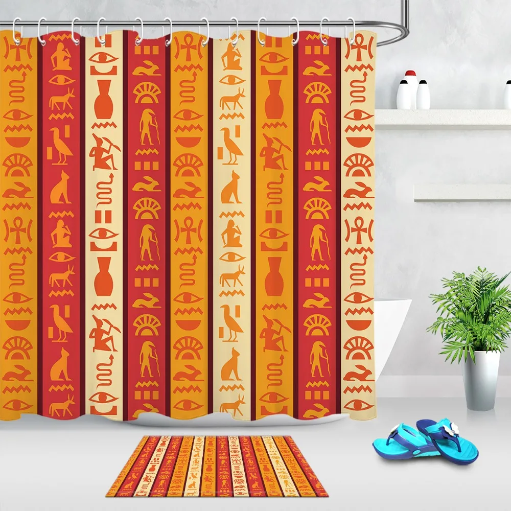 

Hieroglyphics Shower Curtain Set With Rug Ancient Egypt Bathroom Waterproof Eco-Friendly Polyester Fabric For Art Bathtub Decor