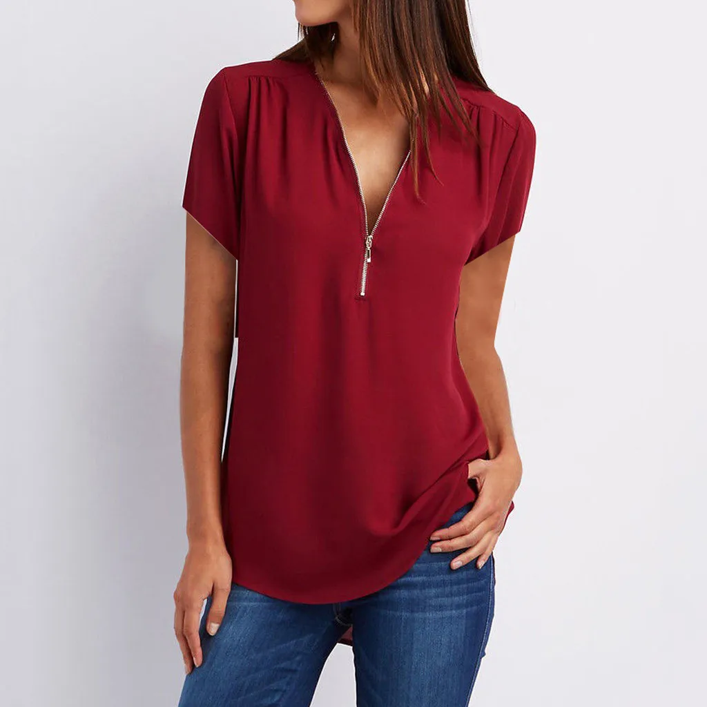 

Plus Size Womens Blouse Casual Tops Shirt Ladies V Neck Zipper Loose Shirt Blouse Tee Top blusas mujer de moda 2019 S-5XL blusas