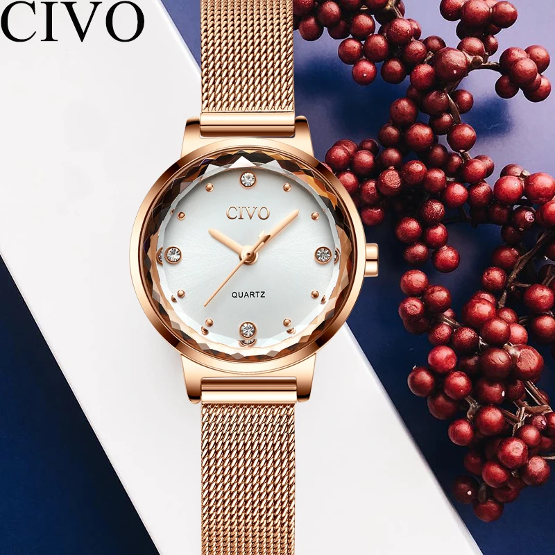 

CIVO Elegant Quartz Ladies Watches Waterproof White Fece Mesh Strap Wristwatch Diamond Decoration Women Watch Relogio Feminino