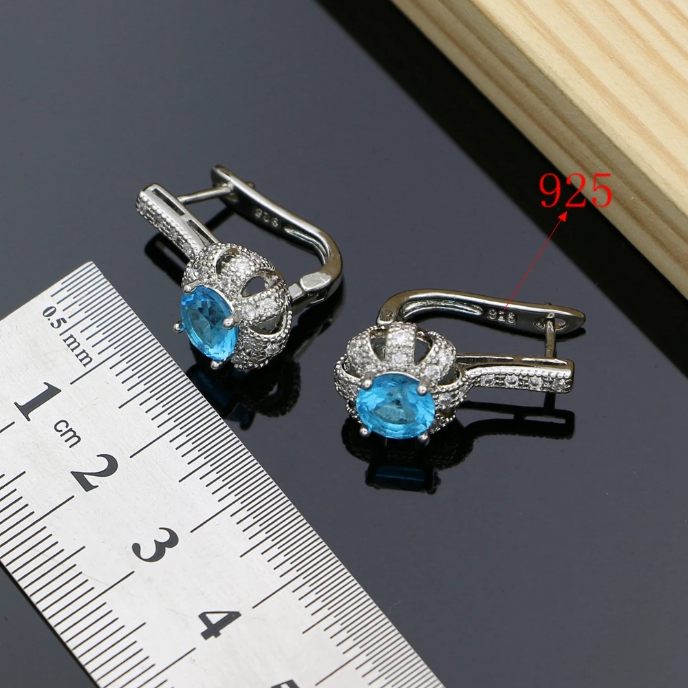 925 Silver Bridal Jewelry Sky Blue CZ Jewelry Sets For Women Anniversary Earrings With Stone Bracelet Necklace Set (6)