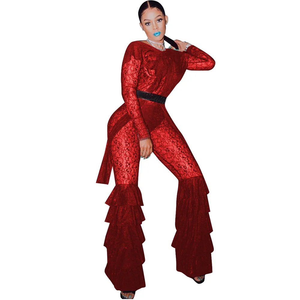 Women Lace Patchwork Elegant Overalls Long Sleeve Cascading Ruffles Lantern Bandage Jumpsuit Vintage See Through Rompers