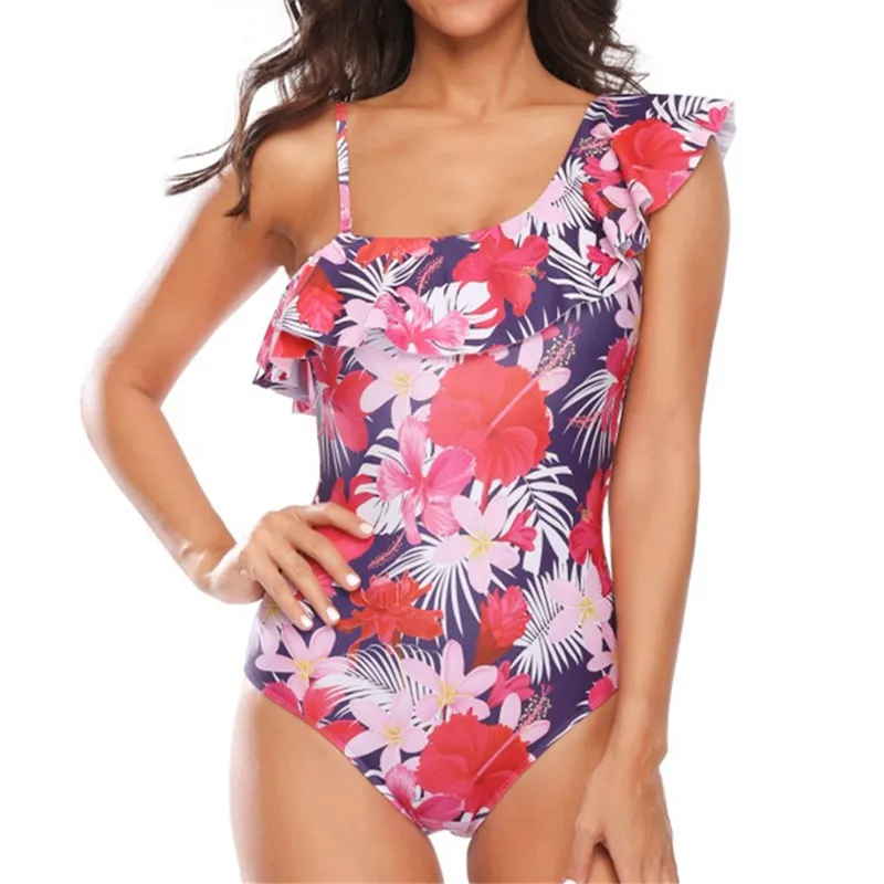

One Shoulder Ruffle Swimsuit One Piece Swimwear Mujer 2019 Mayokini Plus Monokini White Floral Large Size Bathing Suit Swim 1 XL