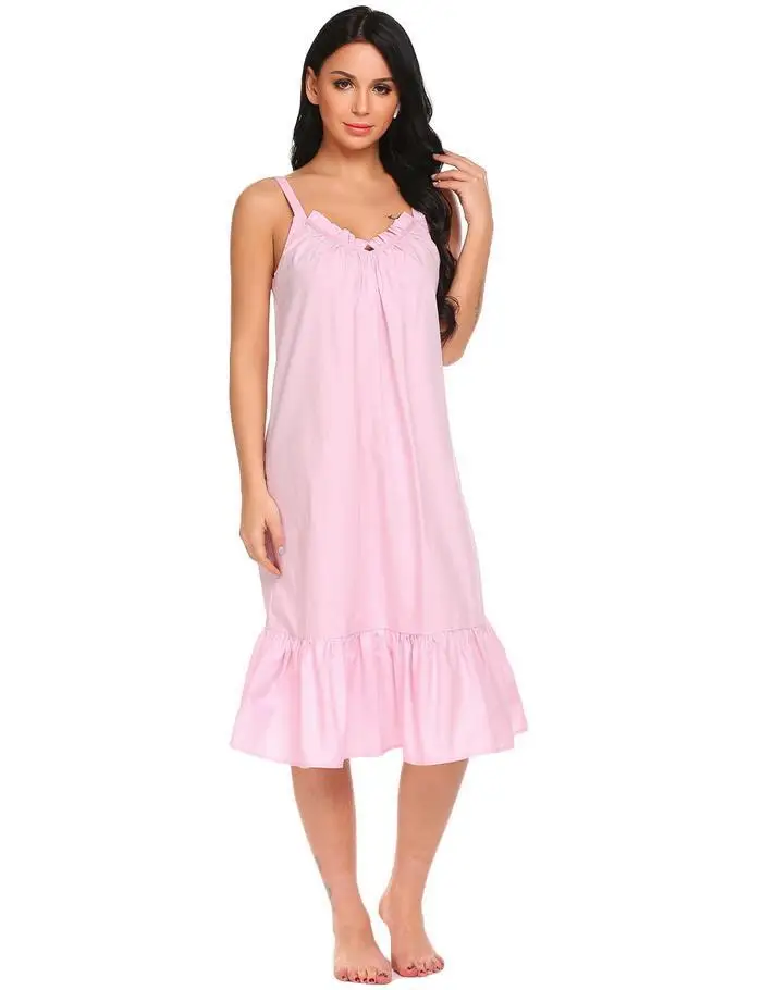 Ekouaer винтажная ночная рубашка хлопковое Ночное Платье женское однотонное с v-образным вырезом Спагетти ремень оборки платье для сна ночная рубашка длинная ночная рубашка