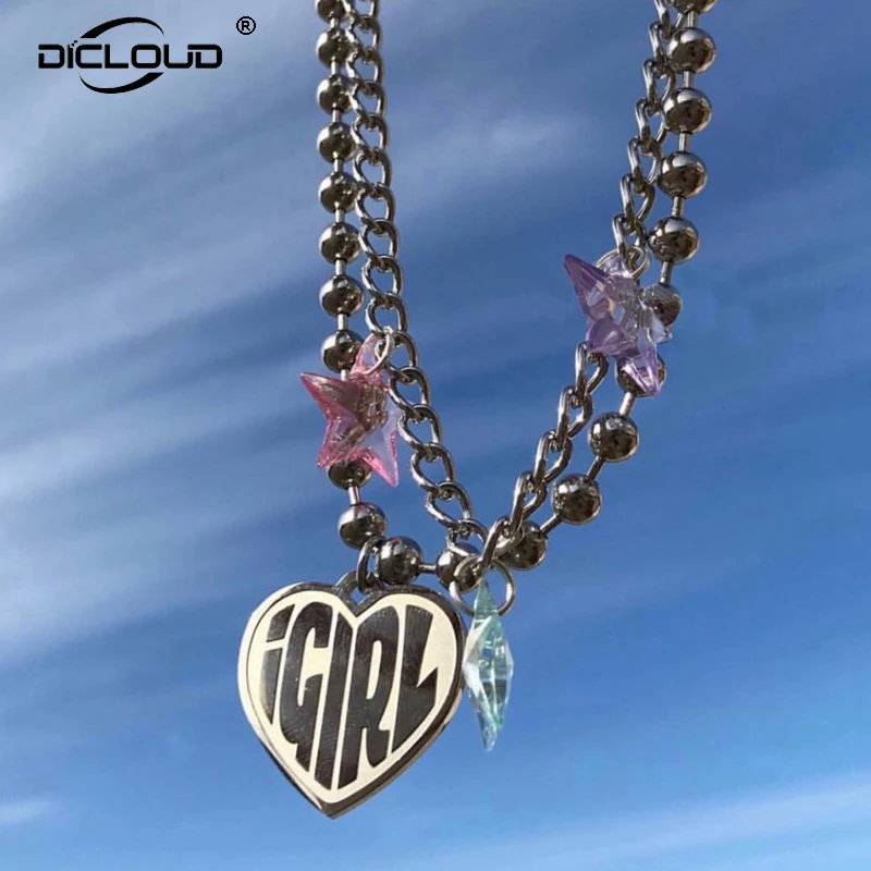 

Vintage 90s Igirl Heart Pendant Necklace Sliver Chain Harajuku Women Letter Necklace Stainless Steel Punk Beads Choker Gift