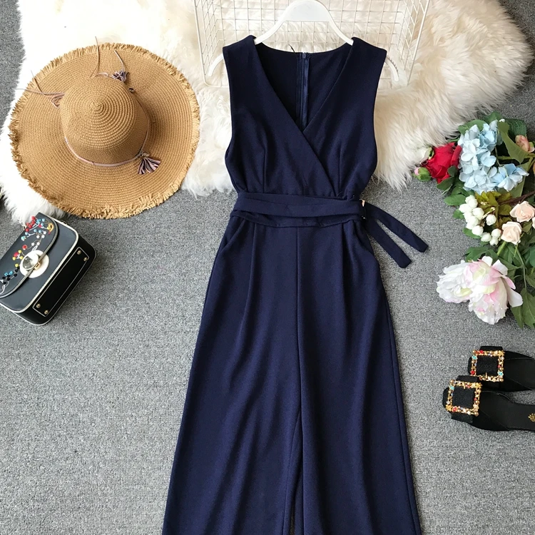 Sleeveless V-neck High Waist Sashes Wide Leg Jumpsuit