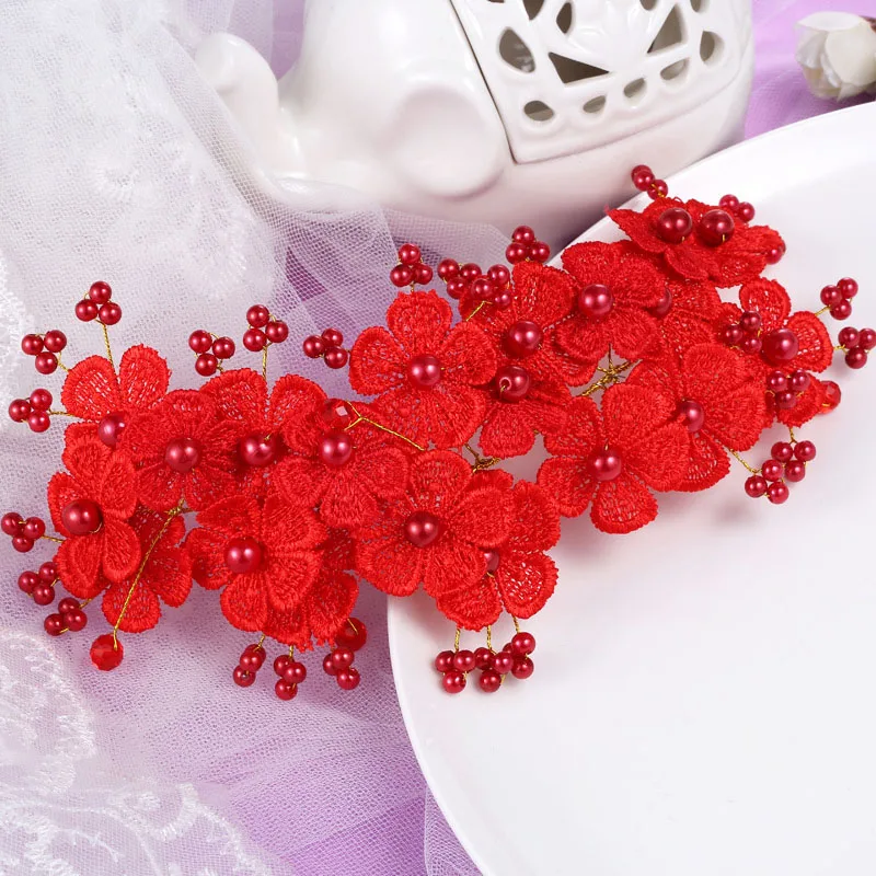 Свадебные романтические богемные красные тканевые цветы ручной работы короткие ободки для волос с бусинами невесты свадебные винтажные аксессуары для волос