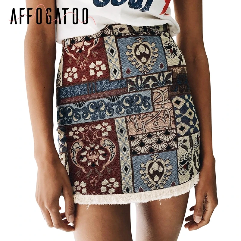 

Affogatoo Bohemian tassel women skirt High waist mini skirt bottom Vintage beach summer pencil skirt female 2018