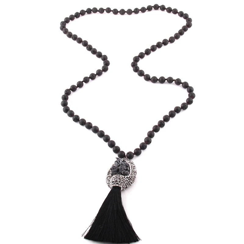 Модное богемное ювелирное изделие, лавовый камень, завязанный камень, натуральная Друза и кисточка, ожерелье с кулоном для женщин, этническое ожерелье