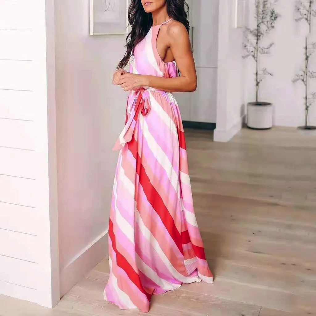 

Fashsiualy High Waist Long Dresses Fashion Women Beach Holiday Dress Striped Printed Sundress Sleeveless Backless Ladies Dress