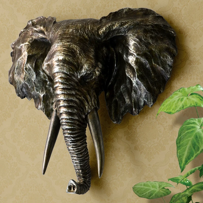 

Fashion Elephant Head Sculpture Wall Hanging African Wild Animal Statue Art and Craft Ornament for Home, Pub and Office Decor
