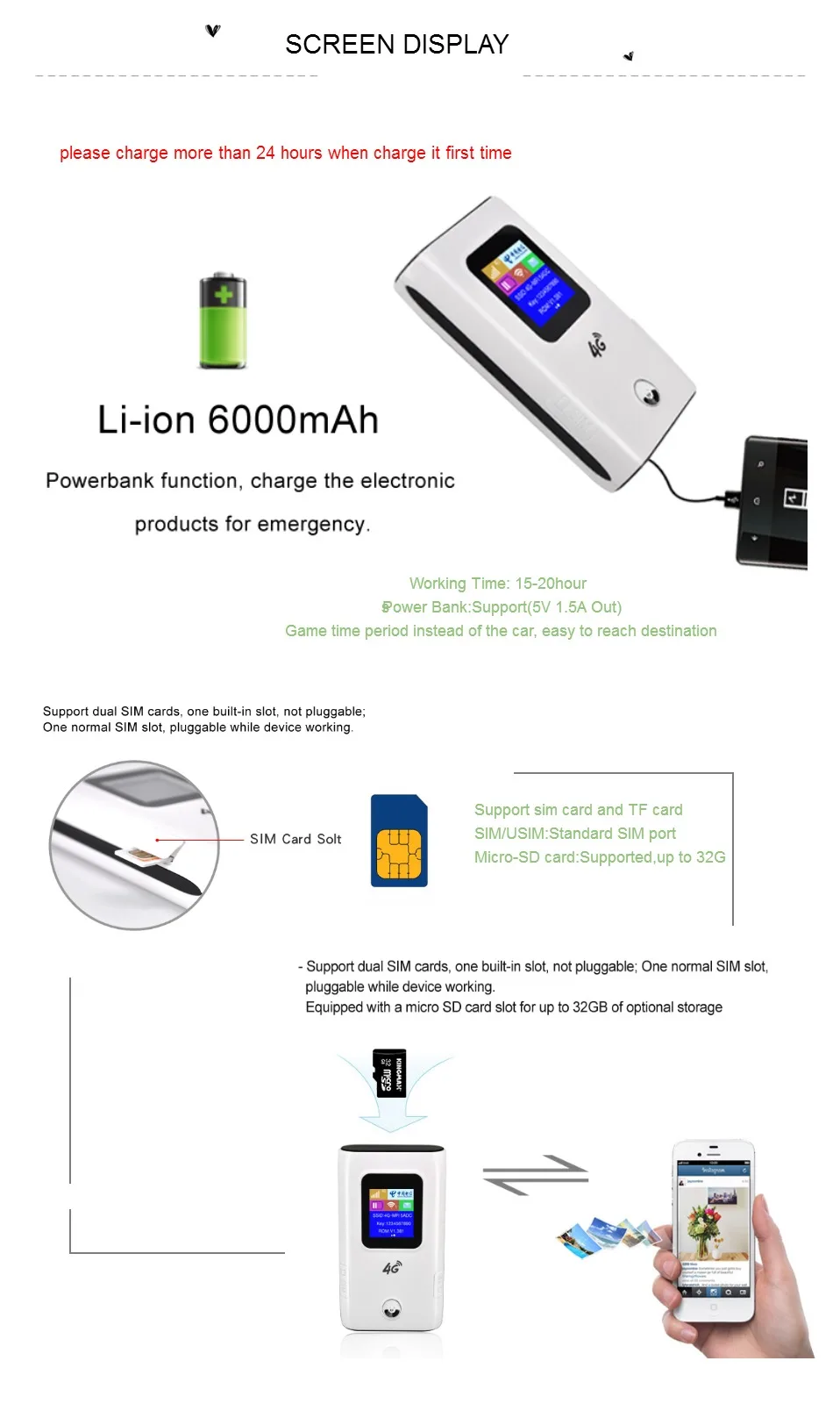 KuWFi 4G беспроводной lte-роутер 4G 5200mAH банк питания портативный Wi-Fi маршрутизатор с слотом для sim-карты поддержка 10 пользователей