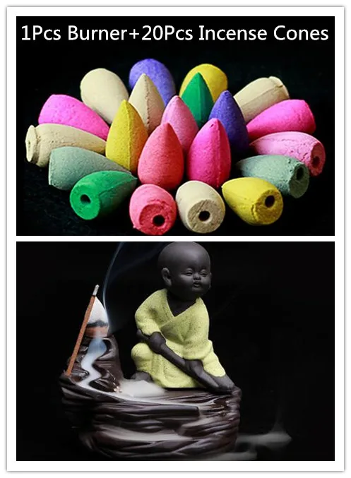 1Pcs Burner+20Pcs Cones The Monk Censer Small Buddha Burner Backflow Stick Incense Burner Purple Clay Censer Home Decoration - Цвет: Yellow With 20Cones