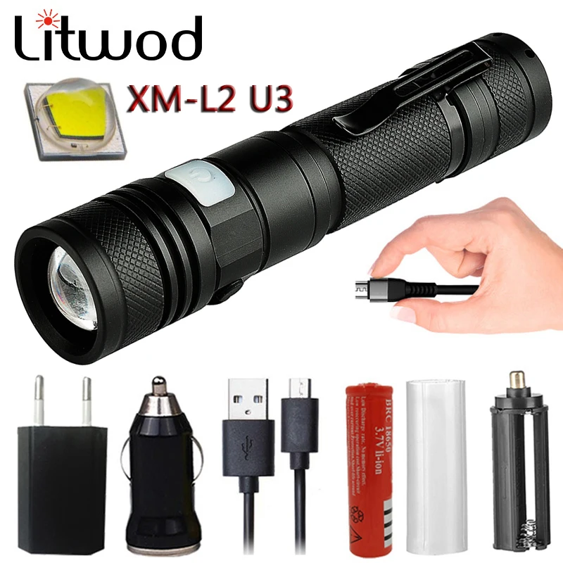 

Litwod Z201301 XM-L2 U3 Micro USB Rechargeable LED Flashlight T6 Zoomable 5 Modes Aluminum Lanterna flashlight Torch