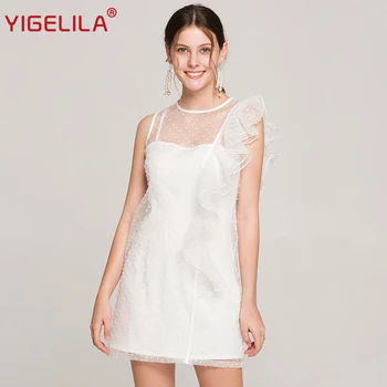 

YIGELILA Women Summer White Ruffles Mesh Dress Fashion Solid O-neck Sleeveless Sheath Above Knee Mini Party Dress Vestidos 63779