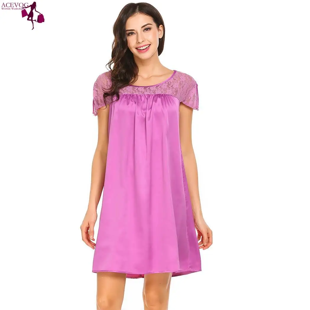 

ACEVOG Sleeve Round Short Loose Lace Neck cute Feminino fashion Nightgown Sleepshirt Split Patchwork Women