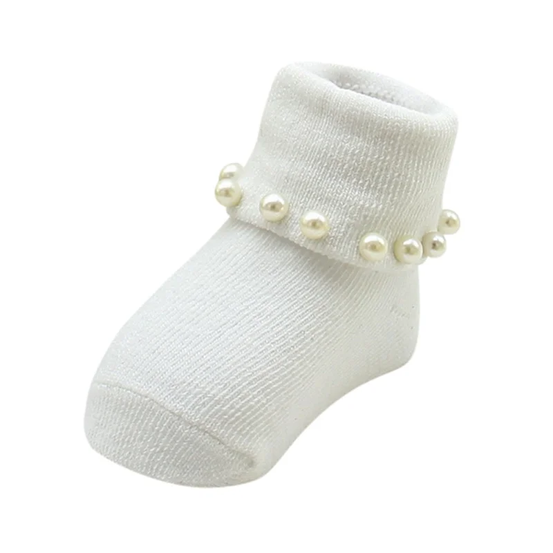 Милые весенние для новорожденного прекрасный, украшенное цветами и бусинами с кружевными вставками и носки для принцессы, Детские теплые натуральный хлопок яркие носки для малышей - Цвет: YTM1340 White