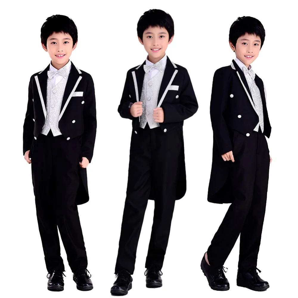 5 шт., деловой костюм для маленьких мальчиков Детский Свадебный костюм с длинным хвостом и жилетом черный цвет, размеры от 2 до 12 лет
