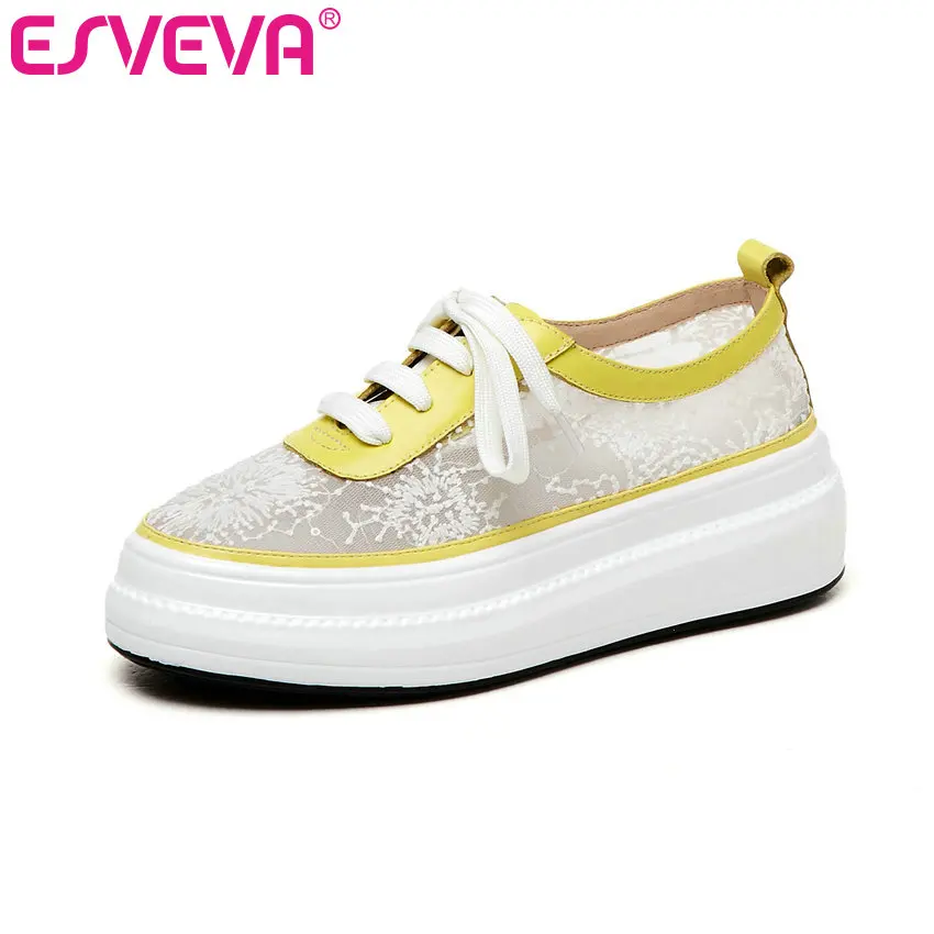 

ESVEVA 2020 Women Cow Leather +PU Wedge Med Heel Round Toe Platform Lace Up Princess Style Elegant Ladies Shoes Size 34-40