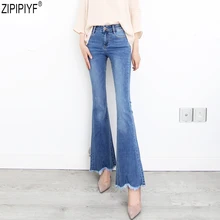 Плюс Размеры Повседневное растяжения Высокая Талия Брюки-клеш Для женщин джинсы модные синие денимовые джинсы скинни осенние джинсы ретро Для женщин брюки C2005
