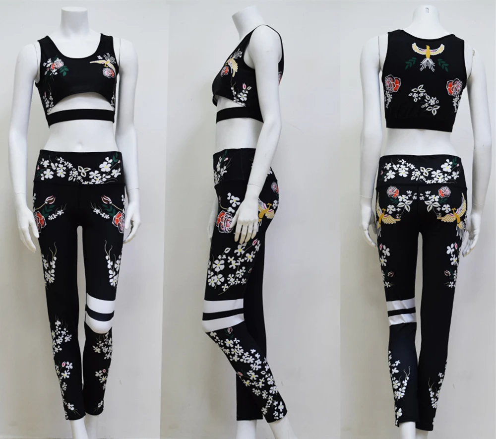 Sexy Women Yoga Set Retro Floral Printed Sports Suits Gym Fitness Clothing Tracksuit Female Running Sports Dance Tops + Leggings