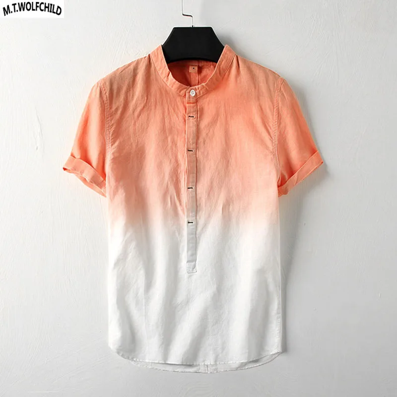 Fashion 2018 Summer New linen Men's short sleeve Gradient henry-collar t-shirts casual cotton mens tees slim mens clothing tops