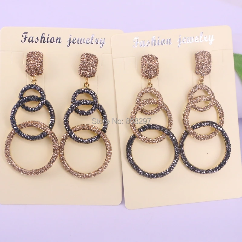 

3Pairs Fashion Round Circle Gold Color with Crystal Rhinestones inlaid Drop Dangle Earrings