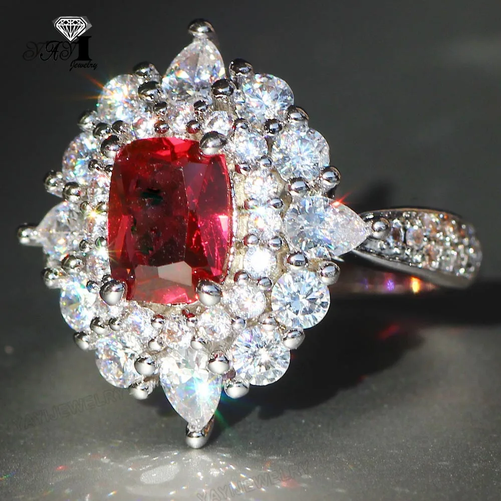 

YaYI Jewelry Princess Cut 7.7 CT Red Zircon Silver Color Engagement Rings wedding Heart Rings Girls Party ring Gifts 942