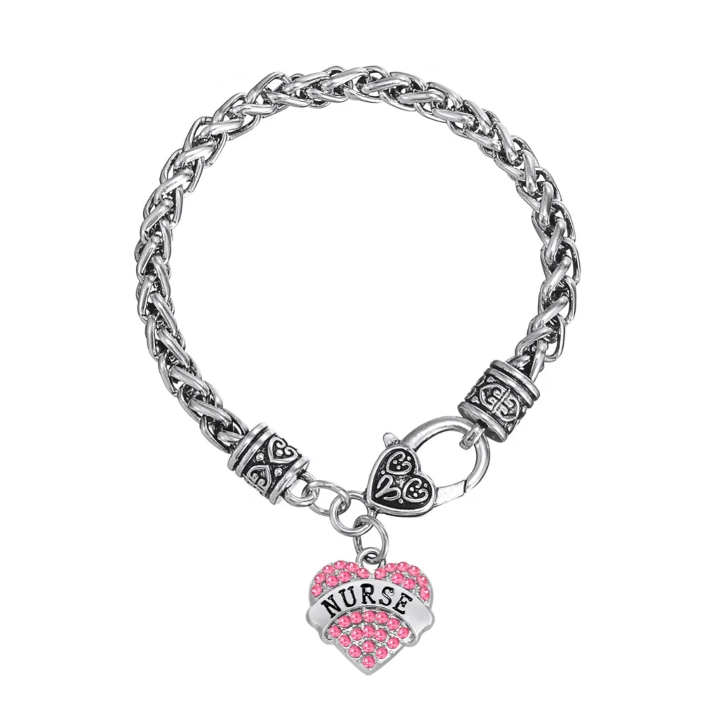 

my shape Silver Plated Pink Crystal Rhinestone Heart Charm Lobster Claw Wheat Bracelet nurse bracelet