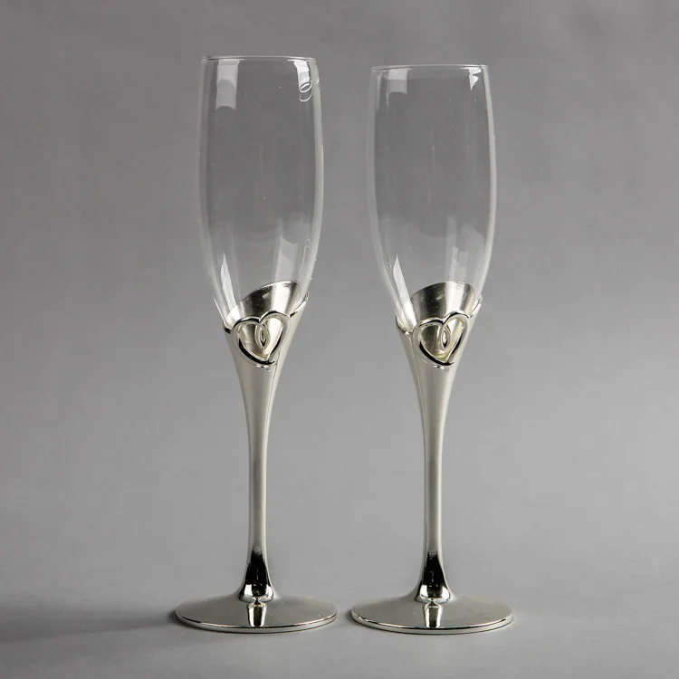 "Двойное сердце" Свадебные стеклянные бокалы под шампанское на свадьбу шампанское флейты тостов флейты бокалы для вина праздничные и вечерние принадлежности - Цвет: Silver