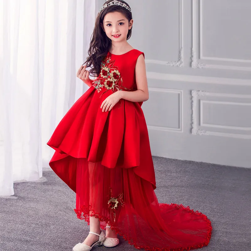 Высокое качество, длинный шлейф, свадебное платье принцессы с цветочным рисунком для девочек, детское красное платье с цветочным рисунком