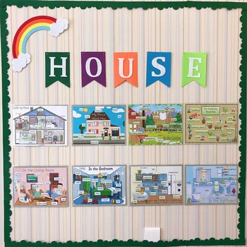 

8Pcs/Set English A4 Big Cards My House & Family Early Education Wall Decoration Poster Plastic Steel Learning Toys For Kids