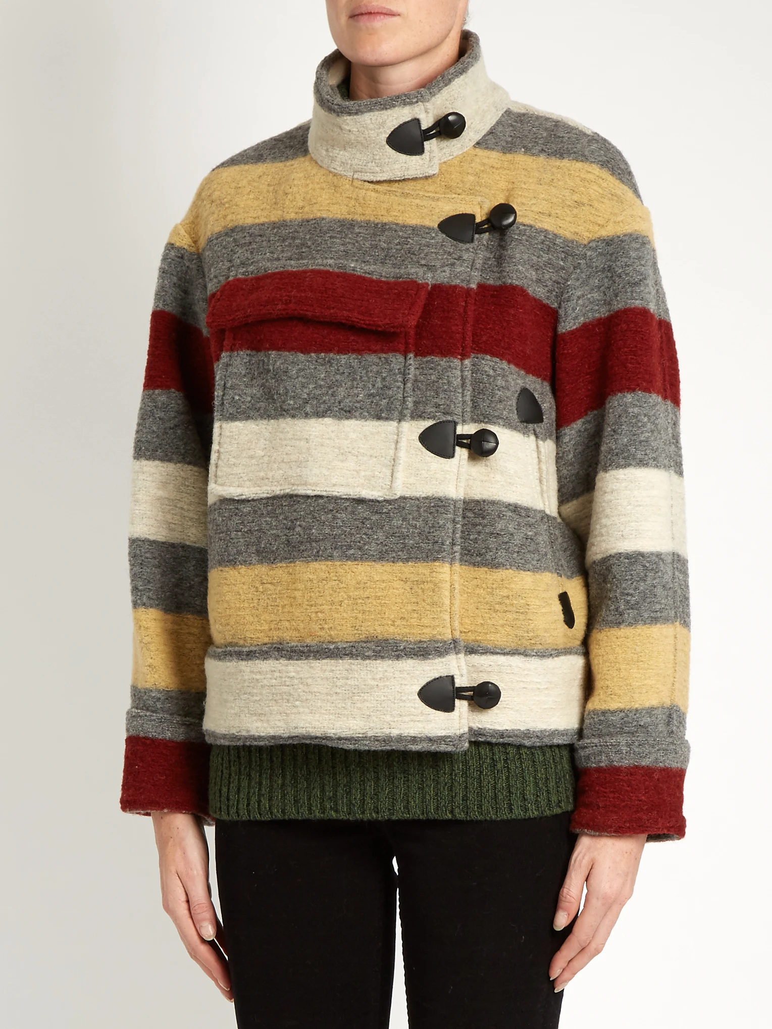 

Ladies Contrast Striped Wool Coat Turtleneck Button Woolen Coat Woman Outwear Winter