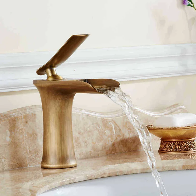 Free Shipping antique bathroom waterfall faucet and solid brass antique