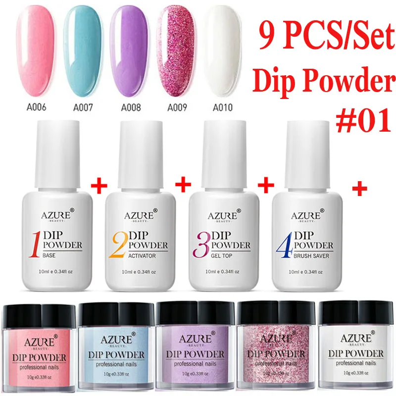 

AZURE BEAUTY 9Pcs/Lot Dipping Powder Nail Art Powder Decorations Gradient Color Dip Powder Nail Dust Base Coat Gel Top Set