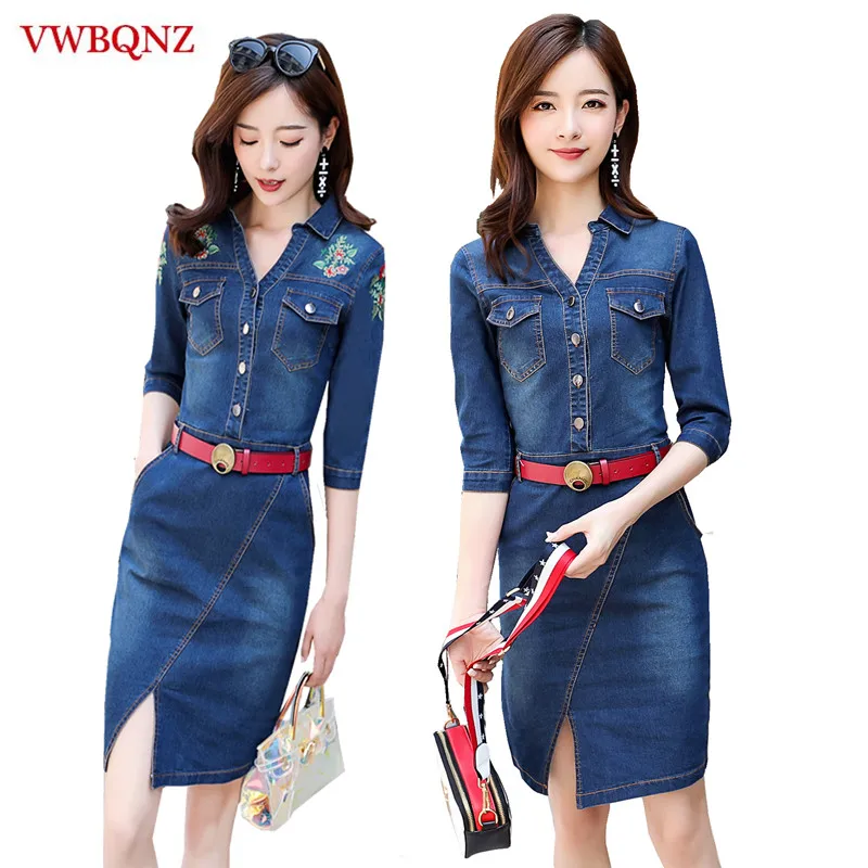 Casual Female Denim Dresses Autumn Office Slim Sexy Jeans Dress With Belt for Women V-neck Embroidered Denim Dress Plus size 3XL