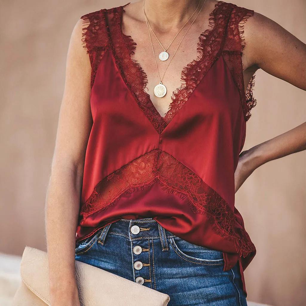 

2019 Summer Women Tank Tops Sleeveless V Neck Lace Ladies Slim Fit Tee Shirt Top Solid Loose Casual Tee Top Vest