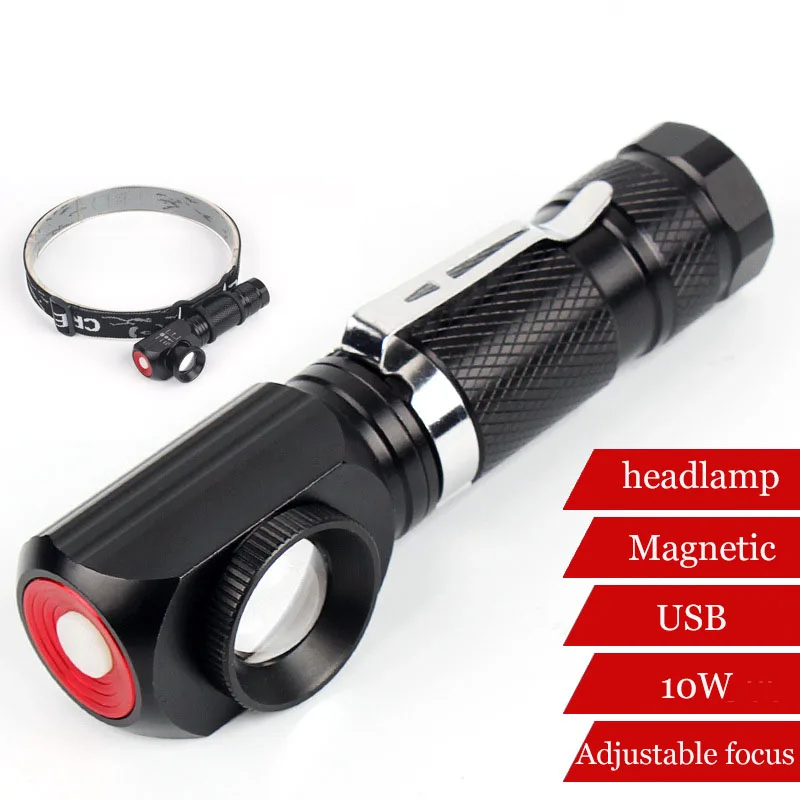 

New 10W Highlight Glare Zoom Flashlight Headlights USB Charging Powerful Magnet Car Repair Work Light