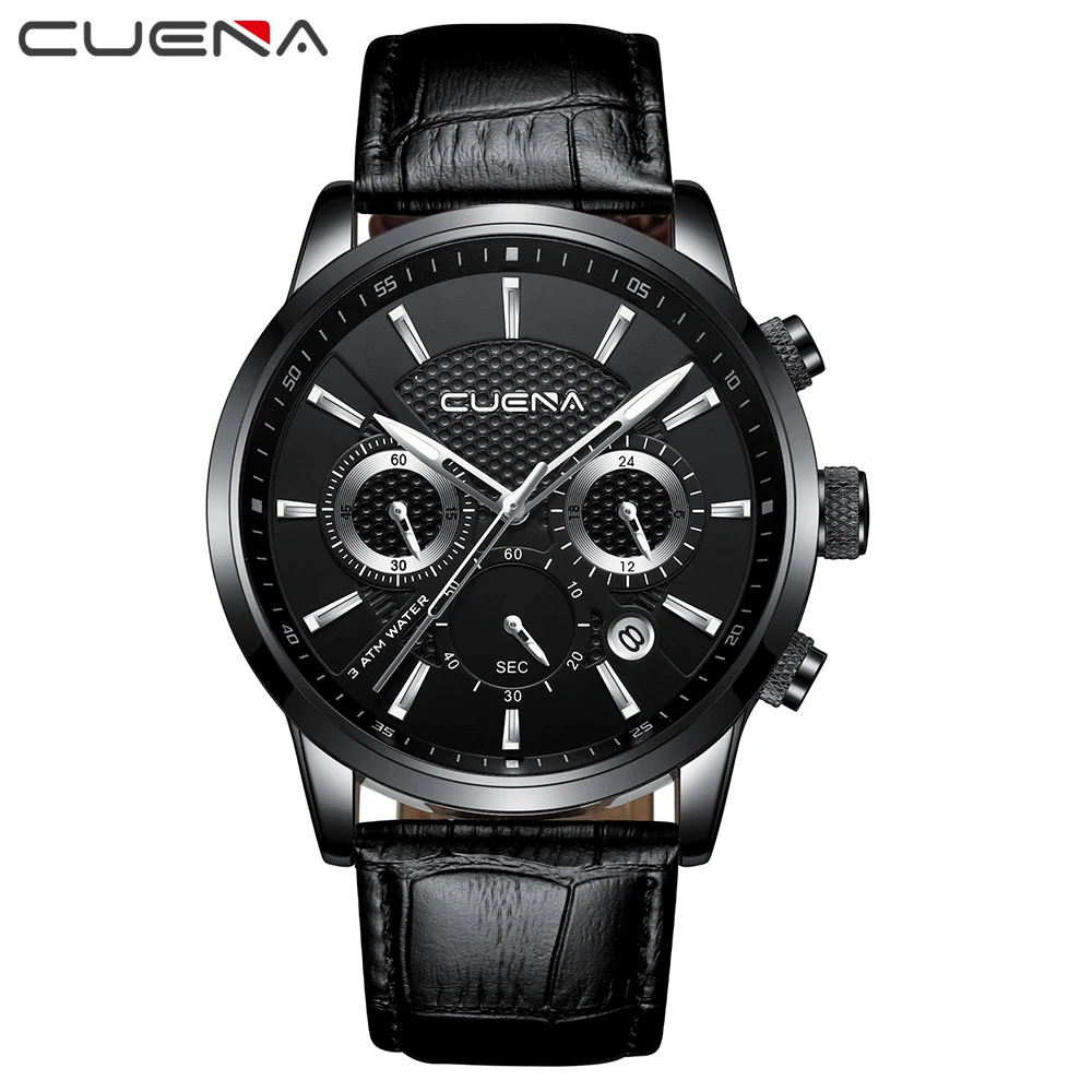 CUENA Quartz Watch Men Luxury Stopwatch Date Luminous Hands Genuine Leather Strap 30M Waterproof Black Fashion Men's Wrist Watch CUENA Quartz Watch Men Luxury Stopwatch Date Luminous Hands Genuine Leather Strap 30M Waterproof Black Fashion Men's Wrist Watch